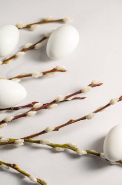 Paskalya geçmişi. Söğüt dalları ve beyaz yumurtalar. Bahar geldi. Minimalist ve parlak bir kavram.