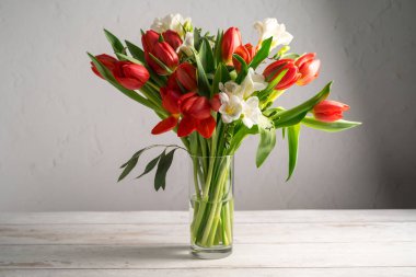 Bahar çiçeği arkaplanı. Kırmızı laleler ve Fresia beyaz çiçek buketi. Yüksek kalite fotoğraf