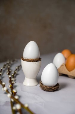 Easter spring background. Egg in ceramic egg holder, with willow pussy branch. Minimalistic