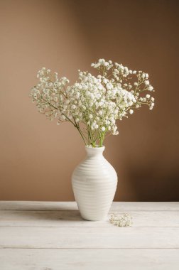 Beyaz çiçekli arka plan. Yumuşak ev dekorasyonu, beyaz arka planda beyaz çiçekli vazo. - Evet. Yüksek kalite fotoğraf