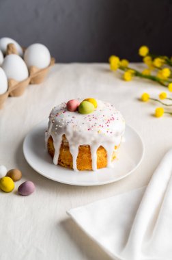 Paskalya bayramı pastası, kremalı, şekerli ve yumurtalı. Beyaz yumurta ve bahar, sarı çiçek dalları.