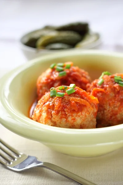 Meatballs with rice and tomato sauce — Stock Photo, Image
