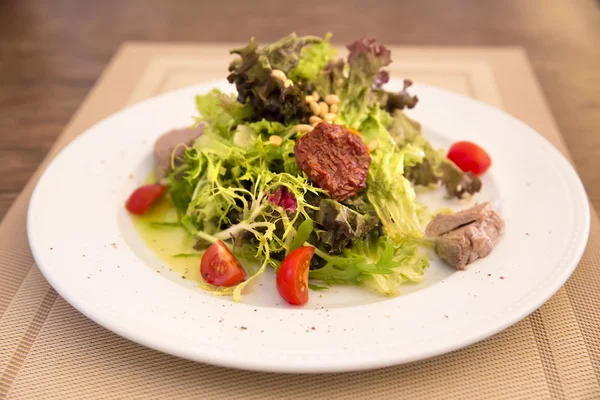 Yeşil salata tavuk eti, kurutulmuş domates ve çam fıstığı ile — Stok fotoğraf