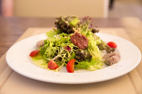 Yeşil salata tavuk eti, kurutulmuş domates ve çam fıstığı ile — Stok fotoğraf