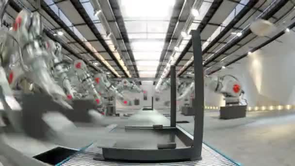 Braço robótico que monta a impressora 3d na correia transportadora — Vídeo de Stock