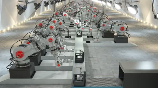 Braço robótico que monta a impressora 3d na correia transportadora — Vídeo de Stock