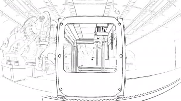 Braço robótico que monta a impressora 3d na correia transportadora — Vídeo de Stock