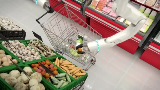 A robot vásárol a boltban, és beteszi a kosárba.. — Stock videók