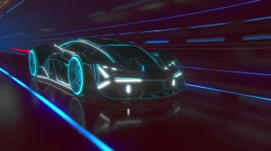 Otoyolda hızlı giden mavi çizgilerden yapılmış siyah bir süper araba. Araba modeli, yüksek hızda giden spor arabanın detaylı silüeti. Tünelden ışığa doğru yarışmak.