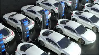 Araba bir elektrik şarj istasyonunda park halinde. Elektrikli araçlar için park.