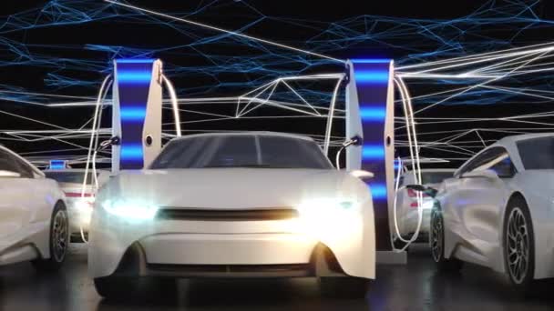 Charging electric vehicles in the parking lot. Neon rays create a charging electric field. — Stock Video