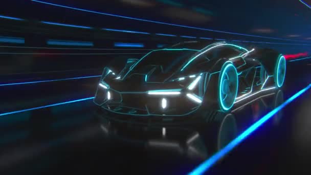 En sporty svart bil kjører ned tunnelen inn i et sterkt lys. Styliserte blå og hvite abstrakte linjer. – stockvideo