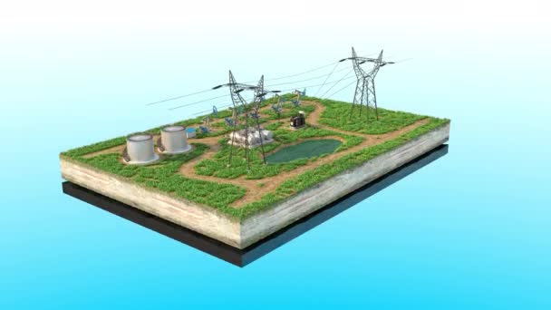 Geïsoleerd eiland met een elektrisch onderstation en olietanks. Olieplatforms — Stockvideo