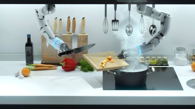 Robot el mutfakta öğle yemeği hazırlıyor. Robotlarla yemek pişirme, otomatik pişirme..