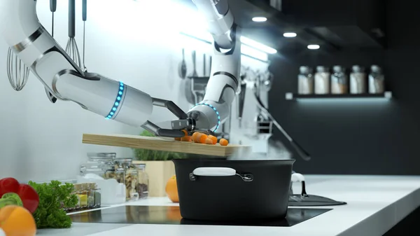 Ρομπότ χέρι ετοιμάζει σούπα σε μια σύγχρονη κουζίνα. Πετώντας το σημάδι σε βραστό νερό. — Φωτογραφία Αρχείου