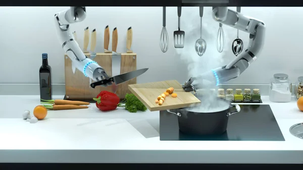 Robot el mutfakta öğle yemeği hazırlıyor. Robotlarla yemek pişirme, otomatik pişirme..