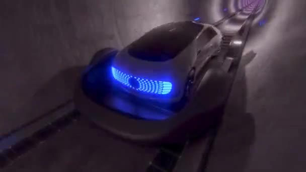 Movimento ad alta velocità dell'auto su una piattaforma, in un tunnel rotondo. Tecnologie future, autostrade del tunnel. — Video Stock