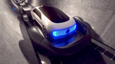 Yeraltı yüksek hızlı taşımacılığı. Bir tünelin altındaki platformda giden kişisel nakliye aracı. 3d illüstrasyon