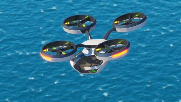 Air taxi transport. Flying over blue water. 3d illustration — 图库照片