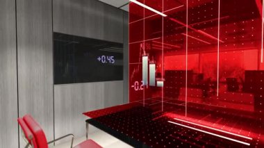 Değişim dalgalanmalarının grafiği. Ofiste masadan parlayan kırmızı halogram. 3d oluşturma.