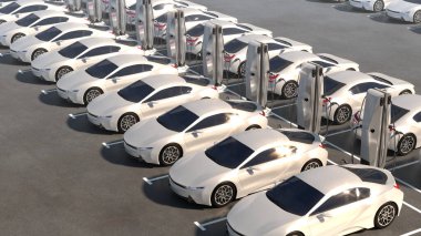 Elektrikli arabaları park etmek. Şarj istasyonları, hızlı şarj eden arabalar. 3d illüstrasyon