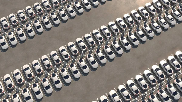 Stor parkering med laddare. Rader av elbilar laddas. Allmän bild. 3D-illustration Stockfoto