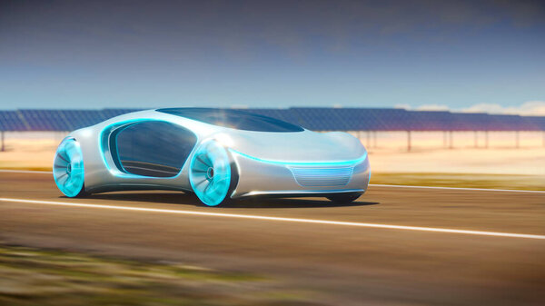 Концепция проезда автомобиля по дороге, солнечные батареи на заднем плане. 3d иллюстрация