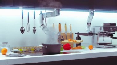 Otomatik sinirsel akıllı mutfak robotu yiyecek üretti. 4k 3d animasyon