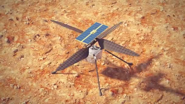 Inäkthetshelikopter kontrollerar propellrar innan de flyger på Mars. 4k animation — Stockvideo