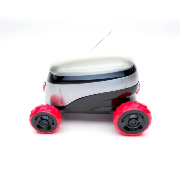 Servizio automatizzato di consegna robot. Il moderno robot wireless intelligente consegna beni o cibo a un cliente. Nuova industria tecnologica di consegna logistica del negozio online, illustrazione 3d — Foto Stock