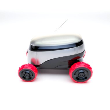 Otomatik Teslimat Robot Servisi. Modern Akıllı Kablosuz Robot bir müşteriye yiyecek ya da yiyecek dağıtıyor. Çevrimiçi Dükkanın Yeni Teknolojik Çok İş Endüstrisi Teslimat Lojistiği. 3d illüstrasyon
