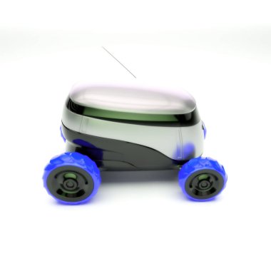 Otomatik Teslimat Robot Servisi. Modern Akıllı Kablosuz Robot bir müşteriye yiyecek ya da yiyecek dağıtıyor. Çevrimiçi Dükkanın Yeni Teknolojik Çok İş Endüstrisi Teslimat Lojistiği. 3d illüstrasyon