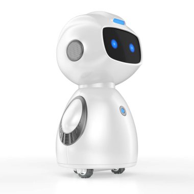 Robot ev yardımcısı. Tekerlekli akıllı küçük robot ve akıllı ekran.