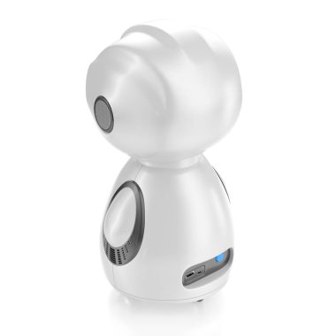 Robot ev yardımcısı. Tekerlekli küçük akıllı robot ve akıllı ekran. 3d illüstrasyon