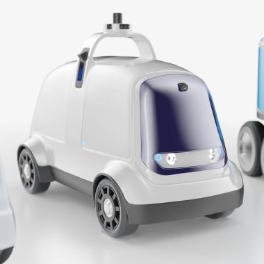 Otonom robot ürün teslimatı. Akıllıca bir yemek teslimatı, bakkaliye, mektup, belge vs. 3d illüstrasyon