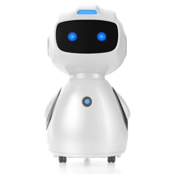 Robot pembantu rumah. Robot kecil yang cerdas, di atas roda dan layar pintar. Ilustrasi 3d Stok Foto