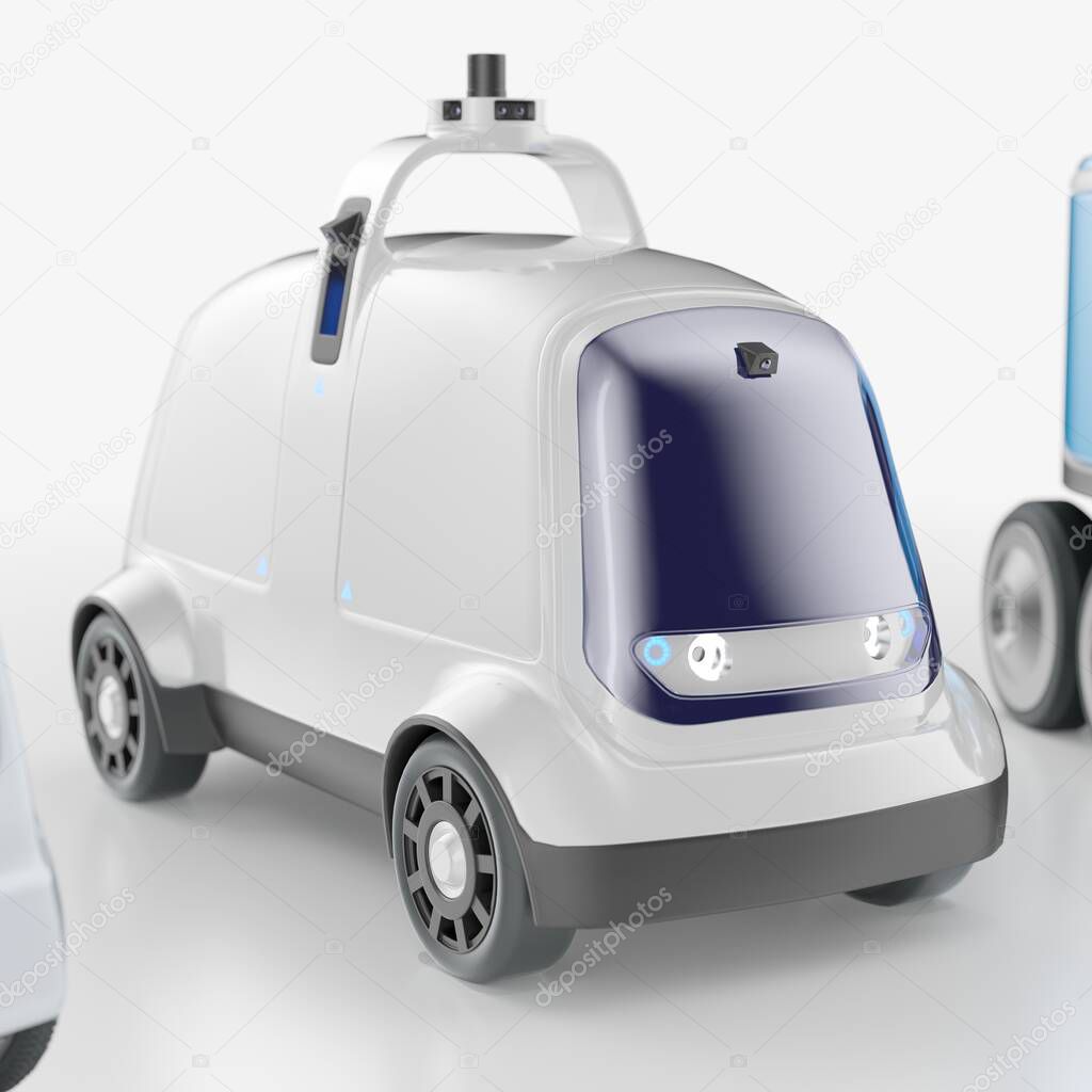 Autonomous robot product delivery. Smart delivery of food, groceries, letters, documents, etc. 3d illustration