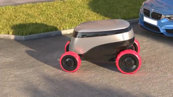 Autonomer Lieferroboter fährt auf Sonnenuntergangsstraße — Stockvideo