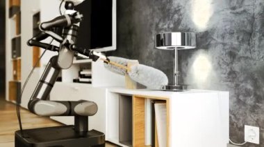 Modern iç mekanda çalışan robot ev bekçisi. Otonom İHA temizlik odası. 4k 3d animasyon