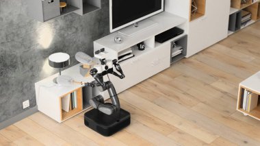 Robot temizleyicisi dairenin temizlenmesine yardımcı oluyor. Otomatik robot. 3d oluşturma