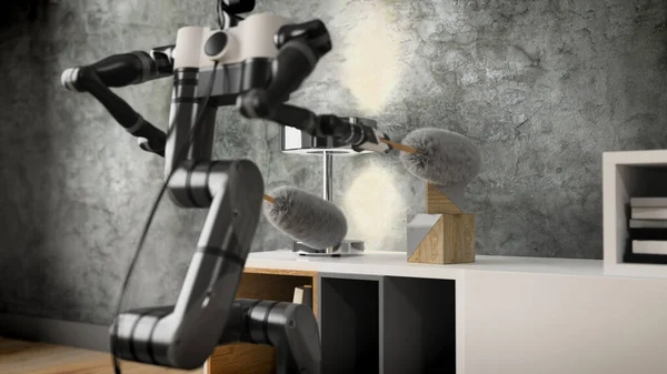 Ρομπότ καθαριστής βοηθά να καθαρίσετε το διαμέρισμα. Αυτόματο ρομπότ. 3d απόδοση — Φωτογραφία Αρχείου