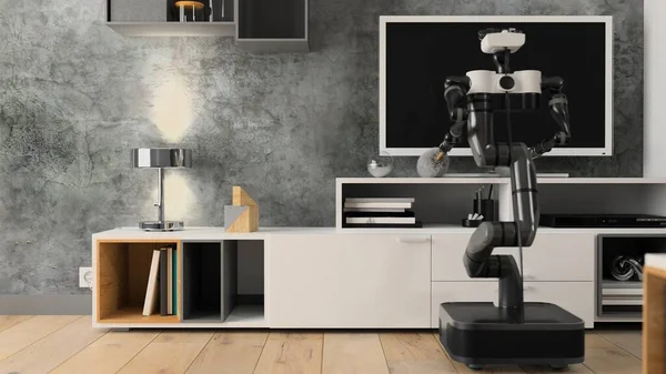 로봇 아파트 청소부. 로봇 하우스 도우미는 받침대에서 먼지를 제거 한다. 3d 삽화 — 스톡 사진