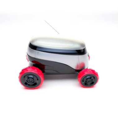 Otomatik Teslimat Robot Servisi. Modern Akıllı Kablosuz Robot bir müşteriye yiyecek ya da yiyecek dağıtıyor. Çevrimiçi Dükkanın Yeni Teknolojik Çok İş Endüstrisi Teslimat Lojistiği. 3d illüstrasyon