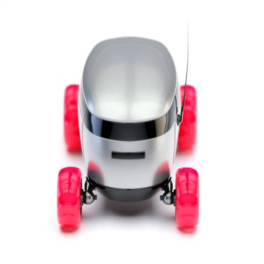 Otomatik Teslimat Robot Servisi. Modern Akıllı Kablosuz Robot bir müşteriye yiyecek ya da yiyecek dağıtıyor. Çevrimiçi Dükkanın Yeni Teknolojik Çok İş Endüstrisi Teslimat Lojistiği. 3d illüstrasyon