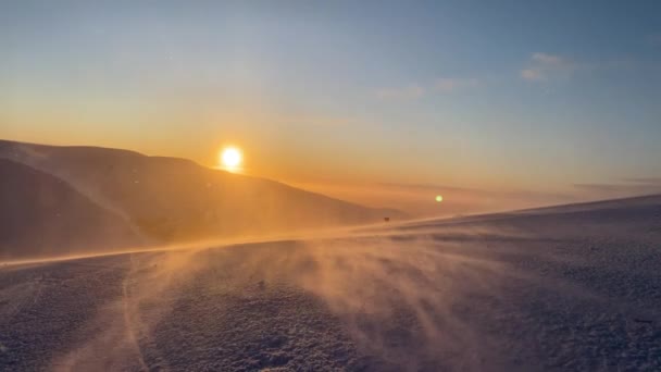 Blizzard e forte tempesta di vento di neve sulla cima della montagna. Neve che soffia sulla superficie ghiacciata delle montagne. Incredibile tramonto selvaggio. — Video Stock