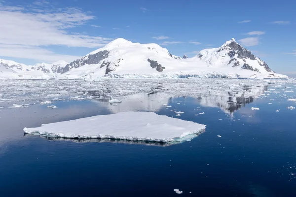 在平静的海水中平缓的小冰山 背景是南极洲的山脉 — 图库照片