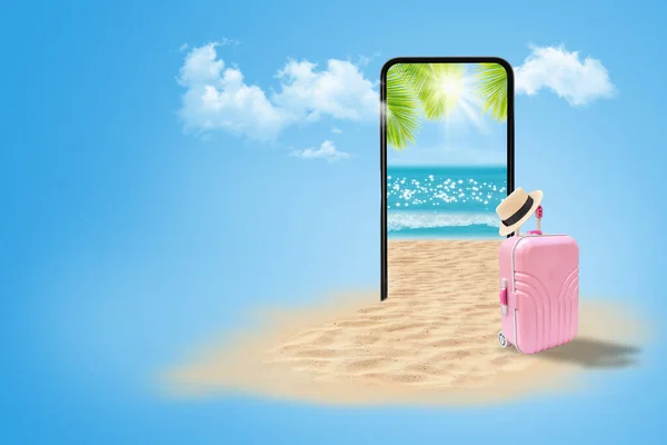 Summer Vacation Travel Trip Concept Smartphone Bagagem Rosa Chapéu Tecer — Fotografia de Stock