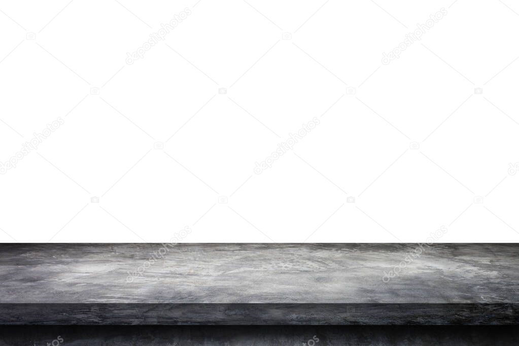 Side view of Gray plaster concrete shelf table top grunge texture background for product showing.
