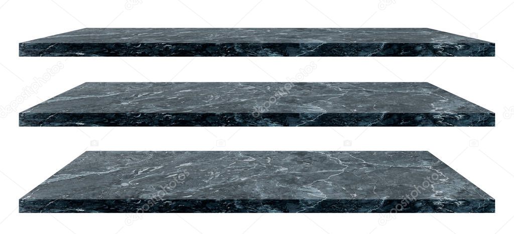 Set of Empty space black marble stone shelf isolated on white background. (Clipping path)