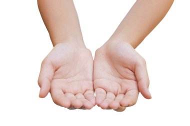 Beyaz arka planda el kol hareketi yapan beyaz bir kadın. (Kırpma yolu)